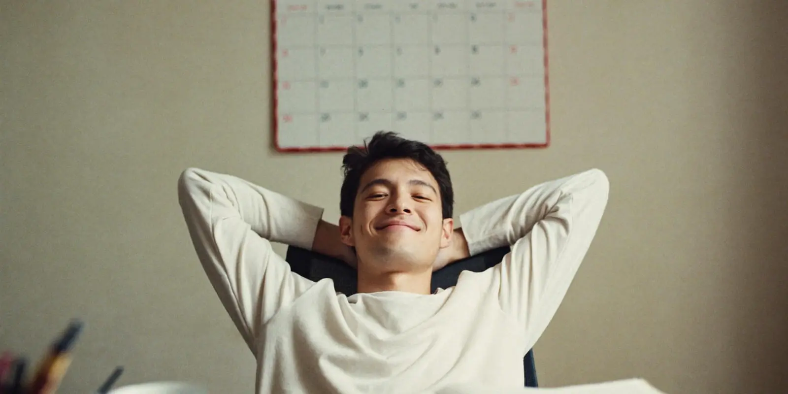 Relaxed man at his desk — deadline extended in good time